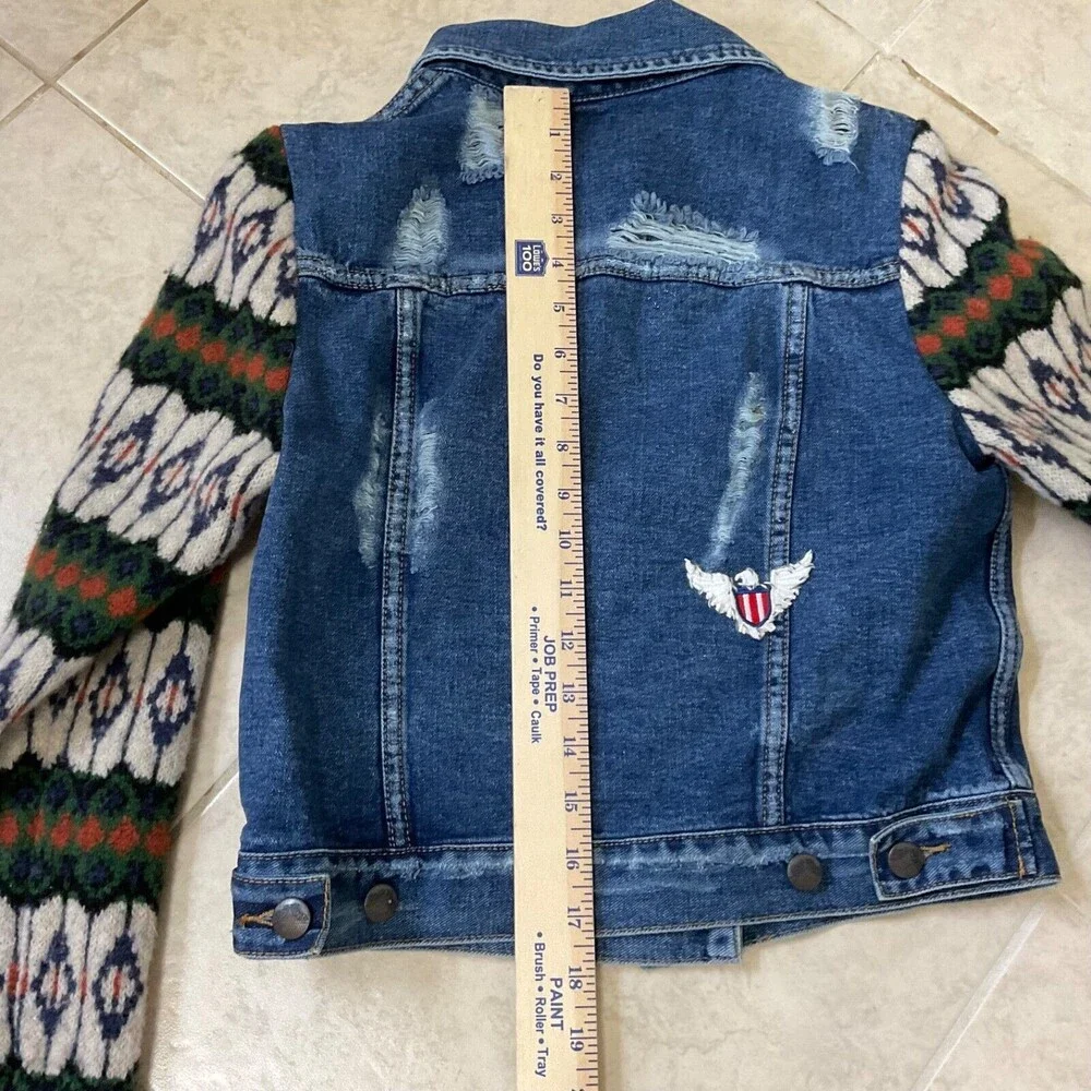 Free People Denim Jacket womens sz. XS Nordic wool Sweater Sleeves Distressed